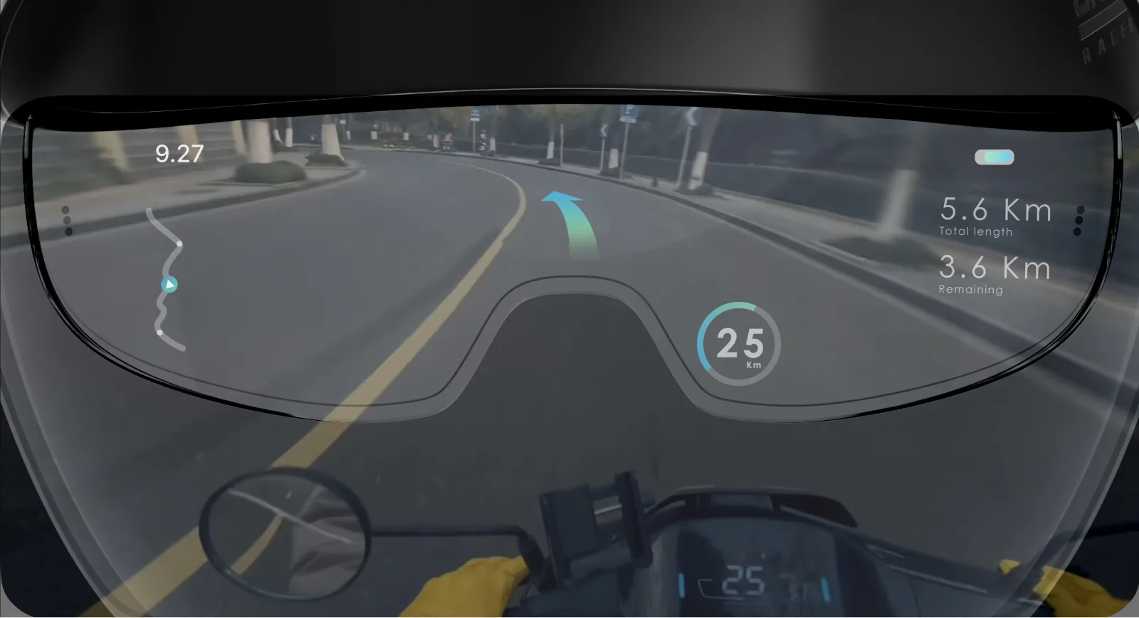 Rider’s view through the visor in travel mode