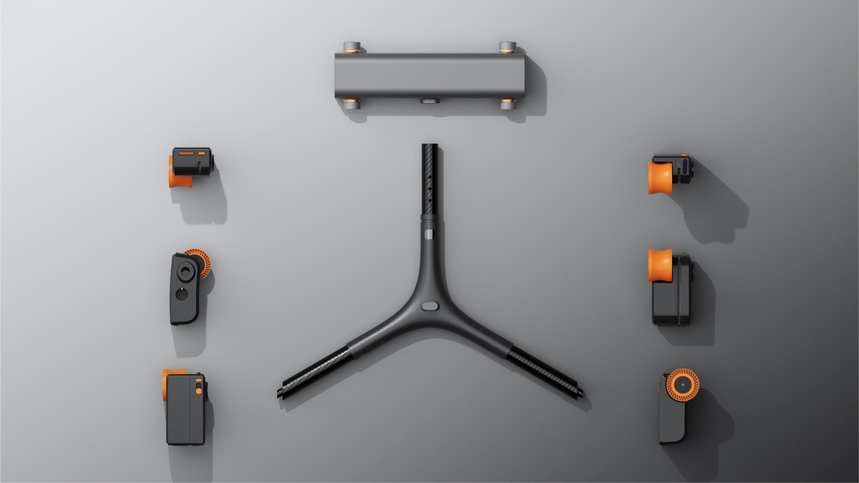 ElectroGlide parts laid out: Y-frame, cross tube, motor modules and clips