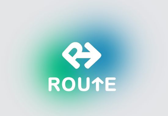 The ROUTE mark: an R with an arrow, in a green and blue glow