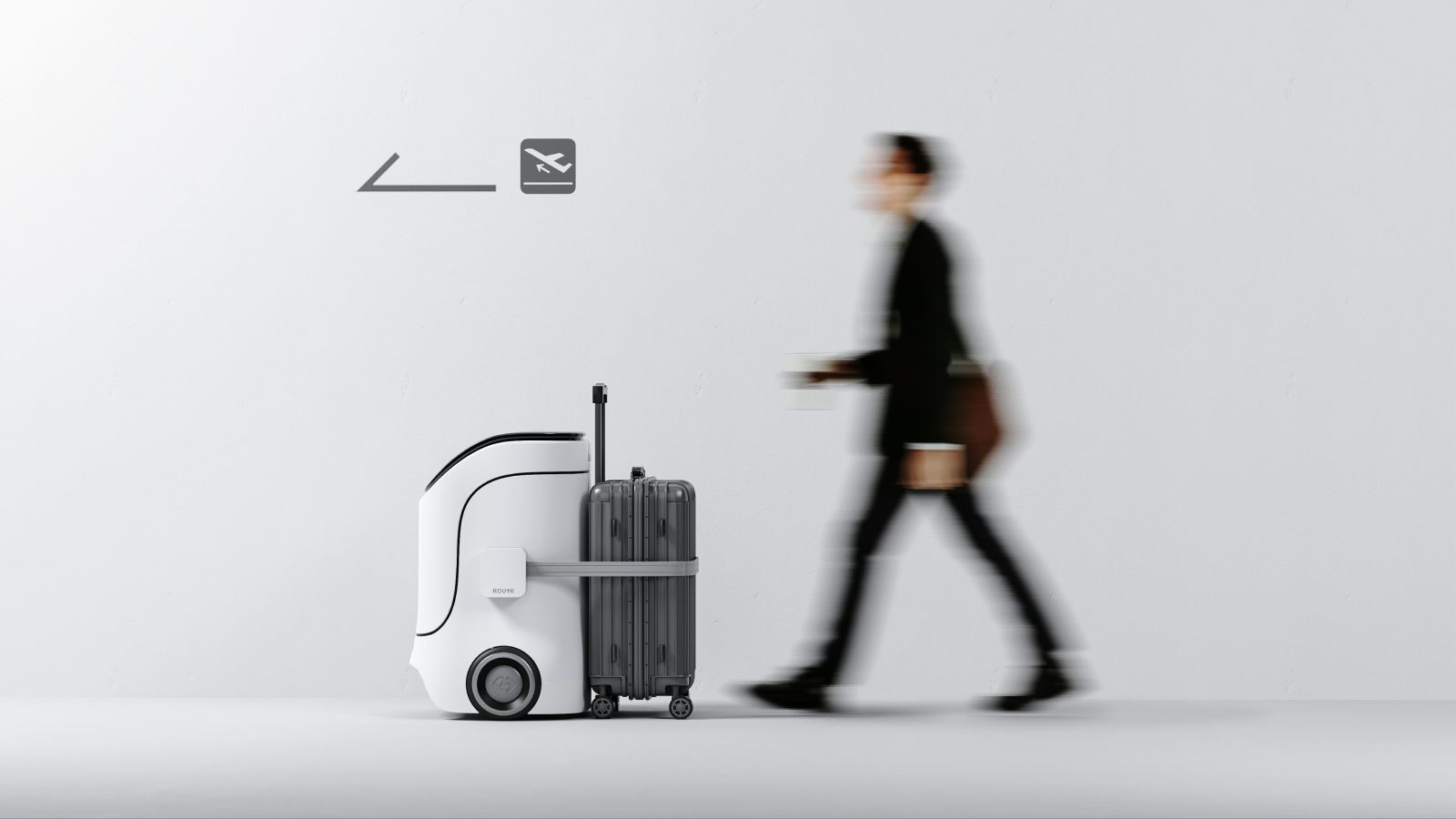 ROUTE waiting with a suitcase strapped to its side as a traveler walks past
