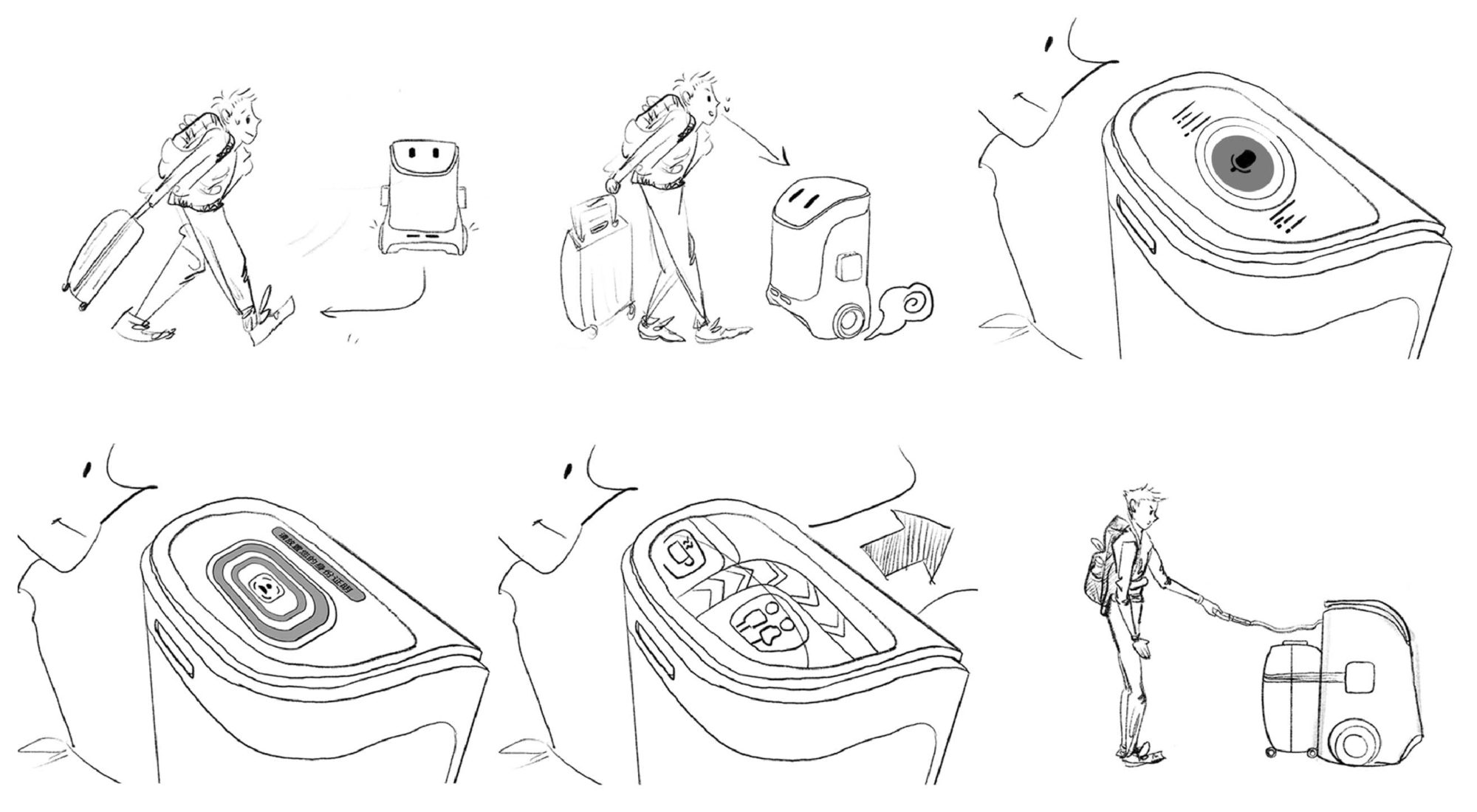 Storyboard: a traveler with a suitcase meets ROUTE, talks to it, scans his ID, and is led along holding its line while it tows his suitcase