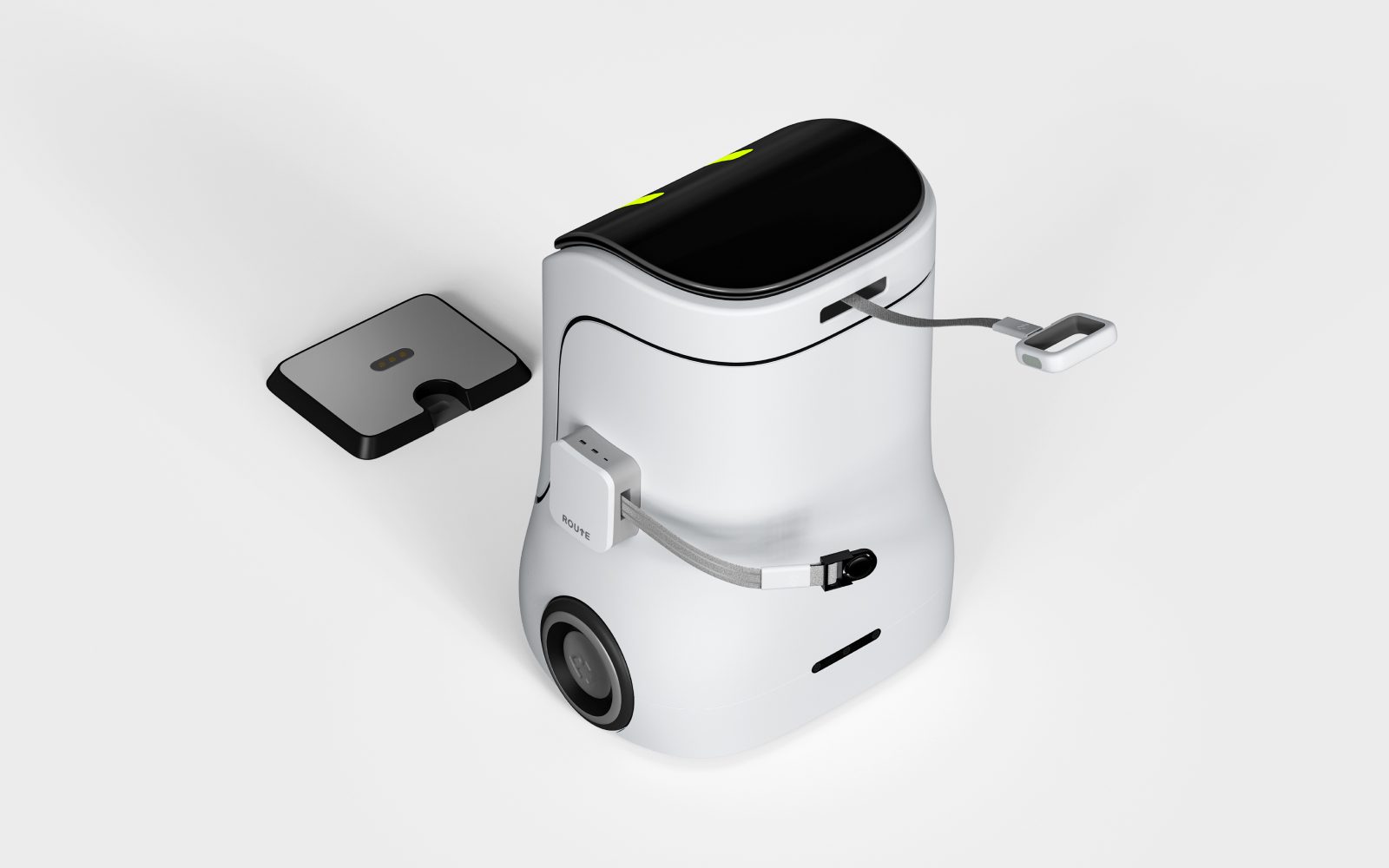ROUTE from above, with its handle line pulled out, the luggage strap on its side and the charging dock beside it