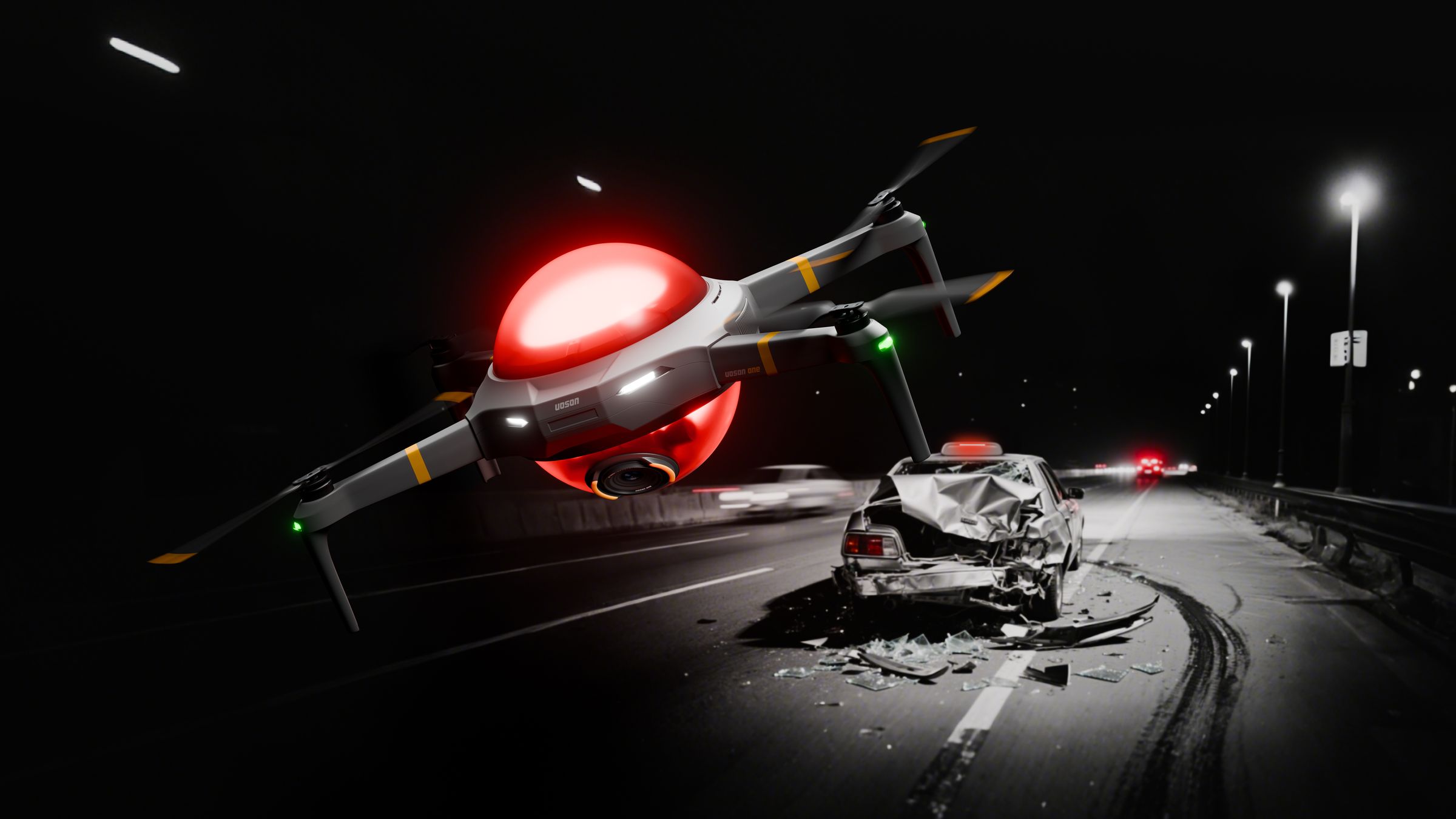 UOSON hovering at night above a crashed car, its dome glowing red