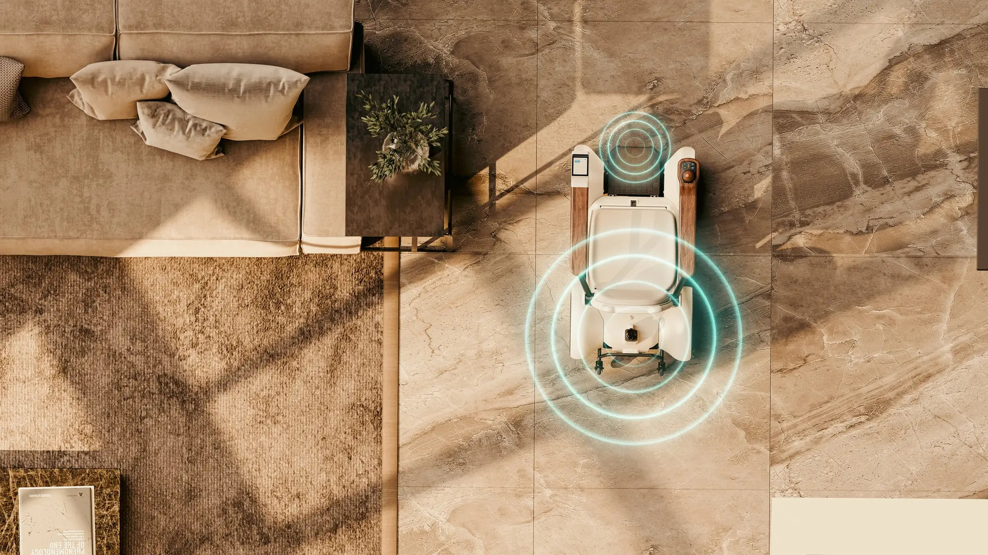 Overhead view of CIHANG on a marble floor beside a sofa, with LiDAR scan rings drawn around it
