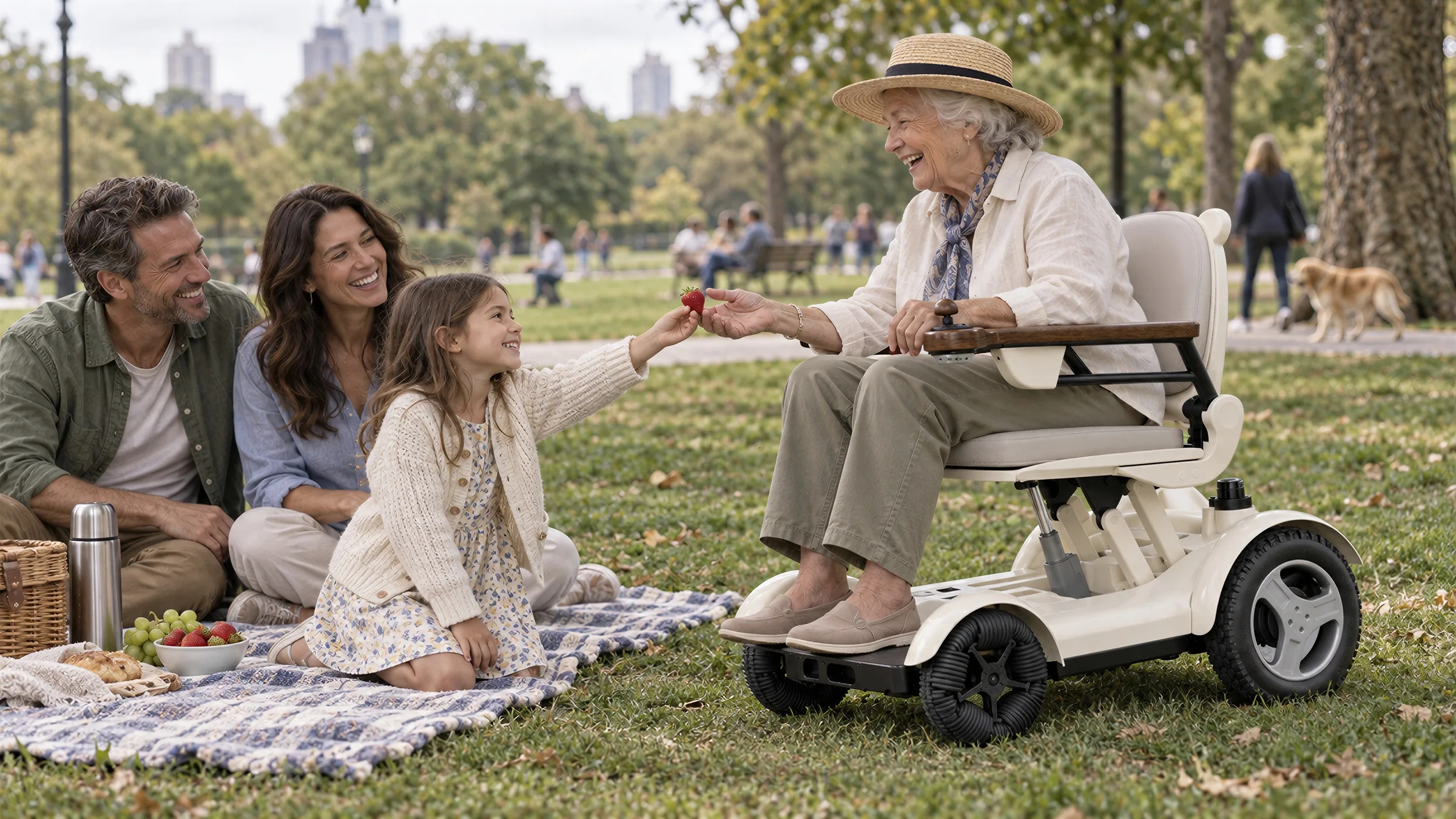 A grandmother in a CIHANG on a park lawn, handing a strawberry to her granddaughter; the family on a picnic blanket beside her