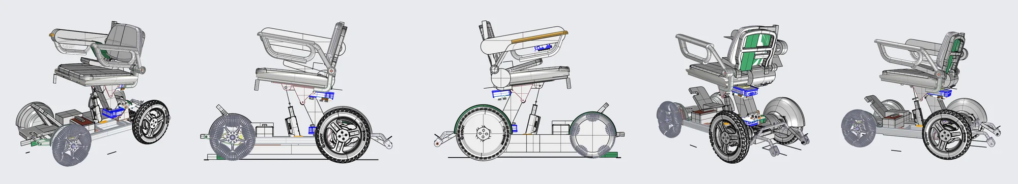 Five CAD views of the structural model: frame, folding mechanism and component layout