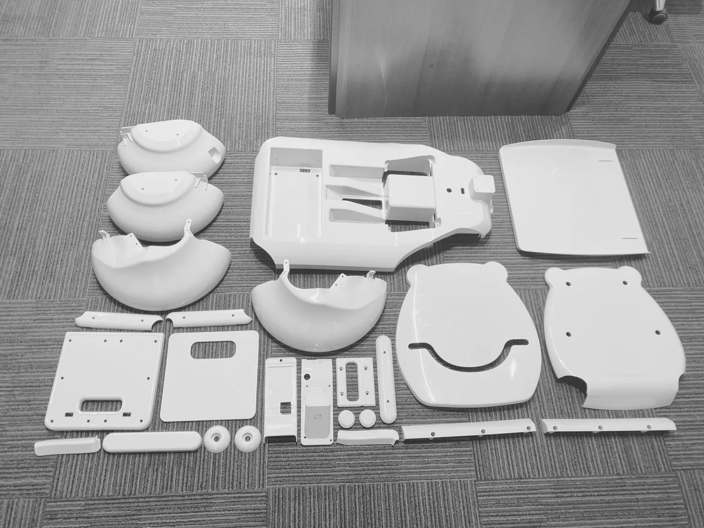 The same shell parts laid out on a carpet, the base in the middle