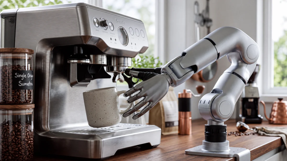 A D2 arm with a robotic hand holding a cup under an espresso machine