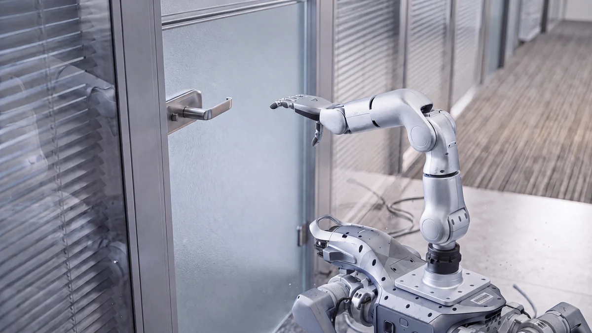 A D2 arm mounted on a four-legged robot, its hand reaching for a door handle